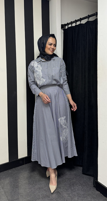 Bey's Design Çizgili Poplin Etek LACİVERT - 2
