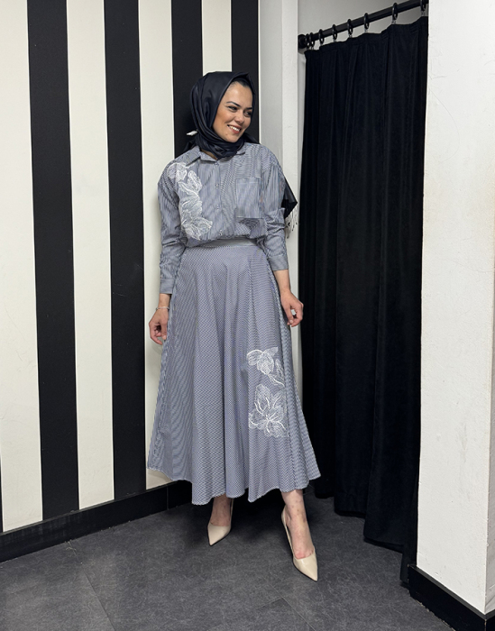 Bey's Design Çizgili Poplin Etek LACİVERT - 3