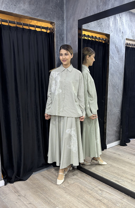 Bey's Design Çizgili Poplin Etek YEŞİL - 5