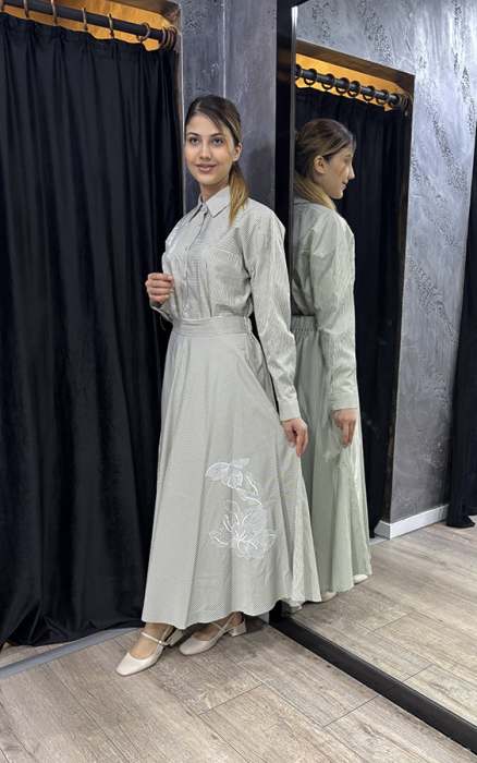 Bey's Design Çizgili Poplin Etek YEŞİL - 4