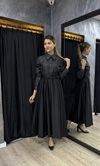 Bey's Design Poplin 2Renk Elbise SİYAH - 1