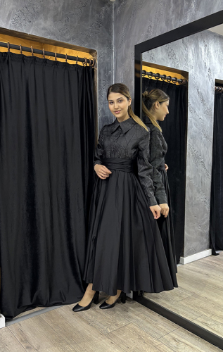 Bey's Design Poplin 2Renk Elbise SİYAH - 2