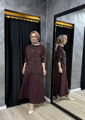 Ceremony Arkası Lastikli Önü Pileli Dubai Etek Kızıl Kahve 