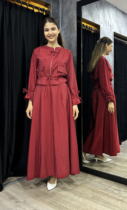 Ceremony Arkası Lastikli Önü Pileli Dubai Etek Red Plum - 1