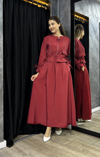 Ceremony Arkası Lastikli Önü Pileli Dubai Etek Red Plum - 2