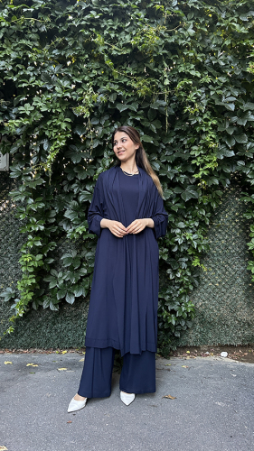 Ceremony Paçası Katlama Dikiş Beli Lastikli Bol Paça Bambu Pantolon LACİVERT - 2