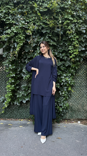Ceremony Paçası Katlama Dikiş Beli Lastikli Bol Paça Bambu Pantolon LACİVERT - 3