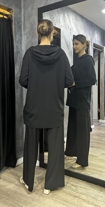 Ceremony Tuniğinin Önü Dubai ve İp Detay Kapüşonlu Bambu Pantolon Takım SİYAH - 4