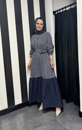 Cloche Alis Nakışlı Elbise LACİVERT - 1