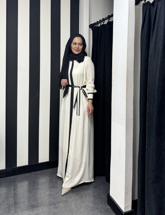 Jamila Sarah Gülşah Gömlek Elbise Fildişi/Siyah - 6