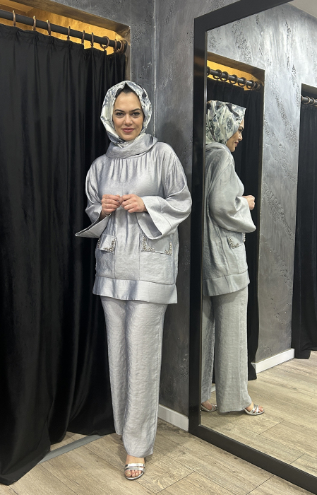 Jupe Cepleri Taşlı Pantolon Takım GRİ - 2