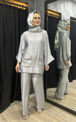Jupe Cepleri Taşlı Pantolon Takım GRİ - 3