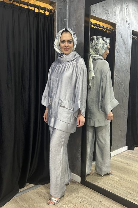 Jupe Cepleri Taşlı Pantolon Takım GRİ - 4