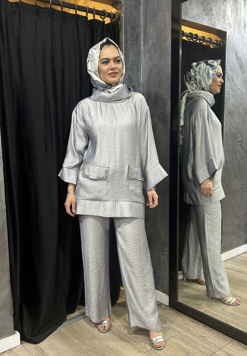 Jupe Cepleri Taşlı Pantolon Takım GRİ - 6