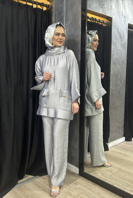 Jupe Cepleri Taşlı Pantolon Takım GRİ - 5