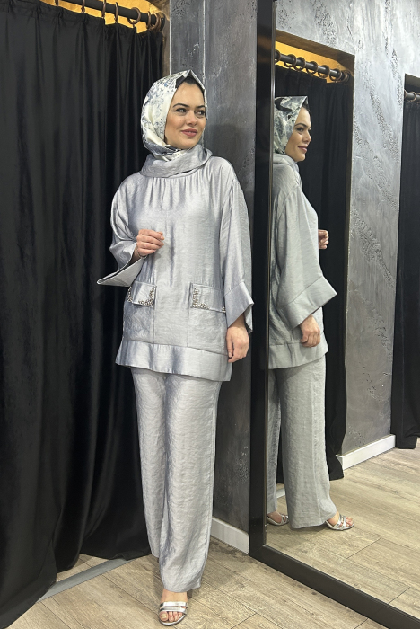 Jupe Cepleri Taşlı Pantolon Takım GRİ - 5