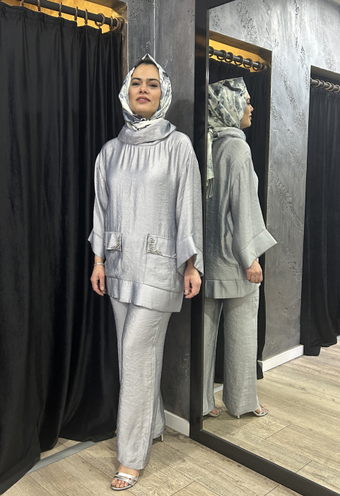 Jupe Cepleri Taşlı Pantolon Takım GRİ - 1