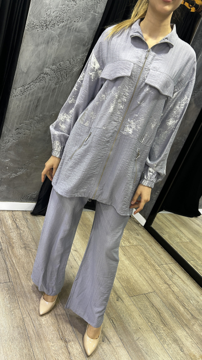 Jupe Metalik Desenli Pantalon Takım GRİ - 2