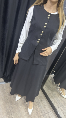 Jupe Önü Çıtçıtlı Yelekli Takım SİYAH - 2