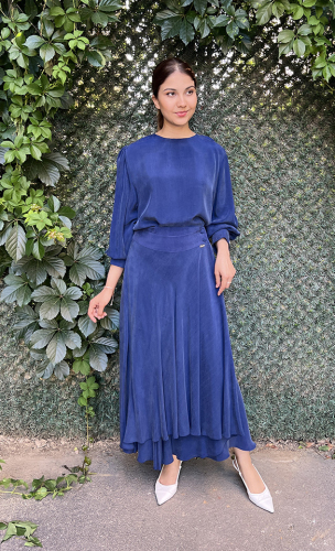 Miss Dalida Asimetrik Kesim Cupro Etek Navy Blue - 2