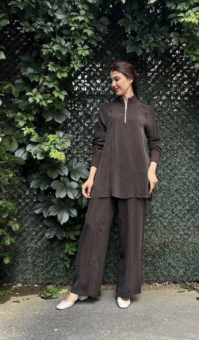 Miss Dalida Beli Lastikli Bol Paça Cupro Pantolon Cacao - 2