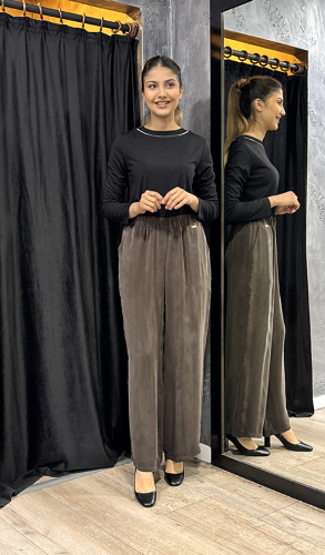 Miss Dalida Beli Lastikli Bol Paça Cupro Pantolon Cacao 