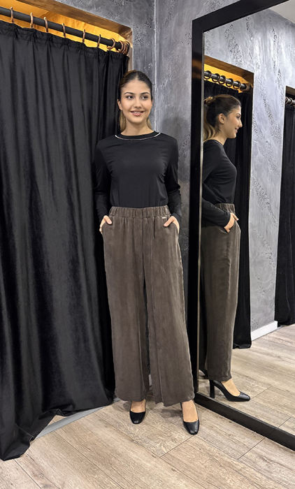 Miss Dalida Beli Lastikli Bol Paça Cupro Pantolon Cacao - 3
