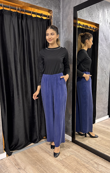 Miss Dalida Beli Lastikli Bol Paça Cupro Pantolon Navy Blue - 2