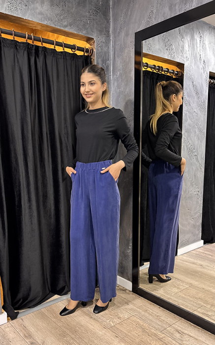 Miss Dalida Beli Lastikli Bol Paça Cupro Pantolon Navy Blue - 1
