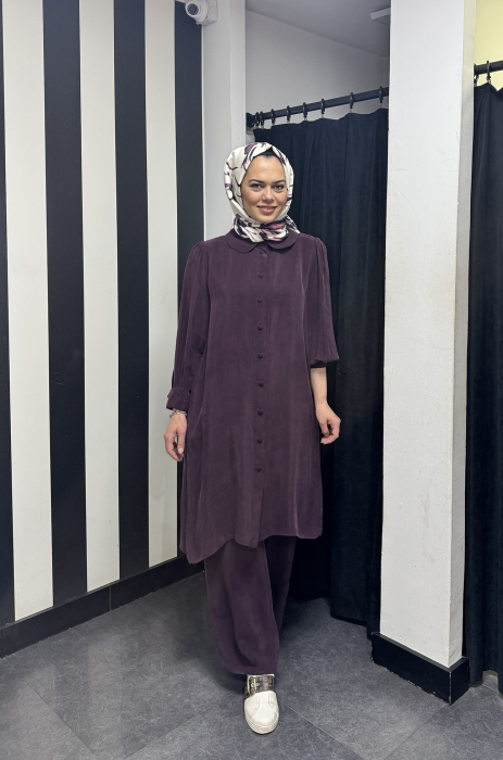 Miss Dalida Beli Lastikli Bol Paça Cupro Pantolon Oubergine - 3