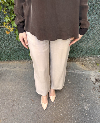 Miss Dalida Beli Lastikli Bol Paça Cupro Pantolon Stone - 2