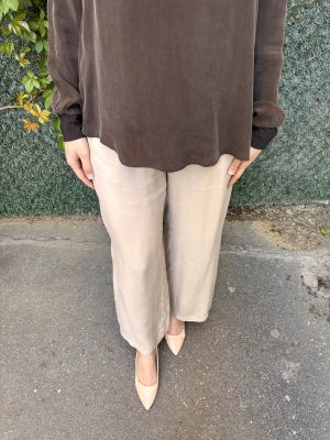 Miss Dalida Beli Lastikli Bol Paça Cupro Pantolon Stone - 3