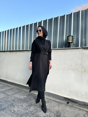 Miss Dalida Cupro Detaylı Triko Yelek BLACK - 3