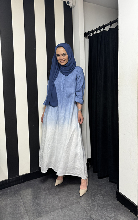 Miss Dalida degradeli Gömlek Yaka Keten Elbise BLUE - 3