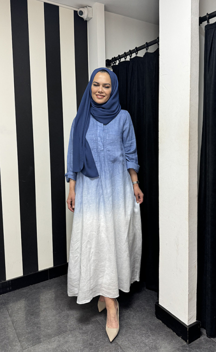 Miss Dalida degradeli Gömlek Yaka Keten Elbise BLUE - 2