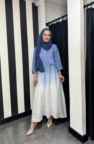 Miss Dalida degradeli Gömlek Yaka Keten Elbise BLUE 