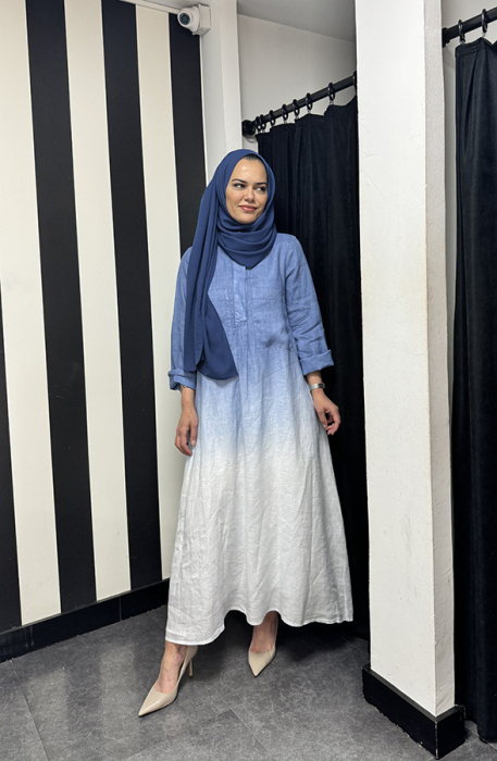 Miss Dalida degradeli Gömlek Yaka Keten Elbise BLUE - 1
