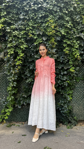 Miss Dalida degradeli Gömlek Yaka Keten Elbise CORAL - 2