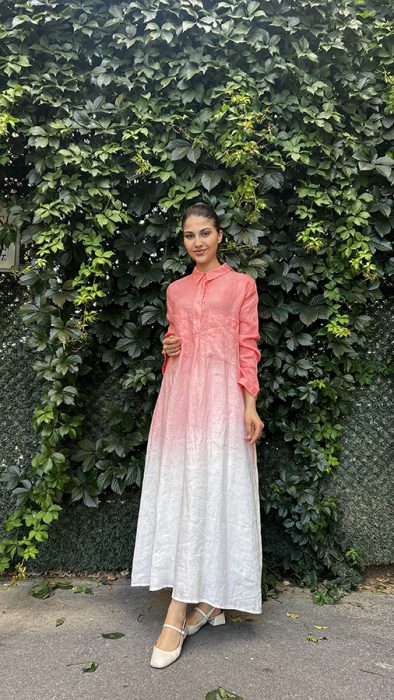 Miss Dalida degradeli Gömlek Yaka Keten Elbise CORAL - 2