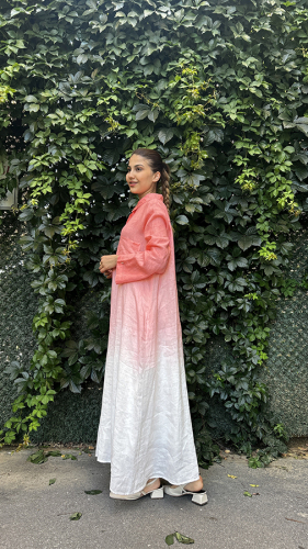 Miss Dalida degradeli Gömlek Yaka Keten Elbise CORAL - 3