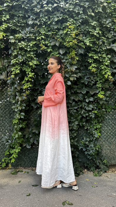 Miss Dalida degradeli Gömlek Yaka Keten Elbise CORAL - 3