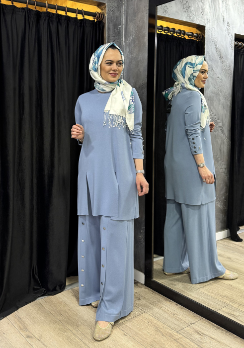 Miss Dalida Düğme Aksesuarlı Bol Paça Triko Pantolon BLUE - 2