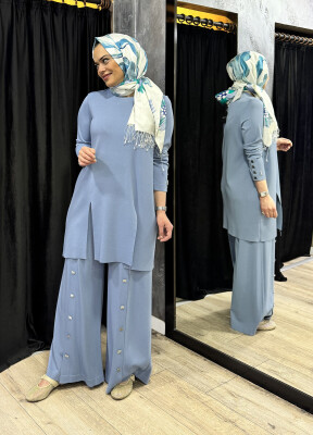 Miss Dalida Düğme Aksesuarlı Bol Paça Triko Pantolon BLUE - 3