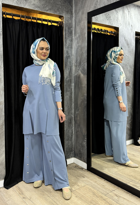 Miss Dalida Düğme Aksesuarlı Bol Paça Triko Pantolon BLUE - 1