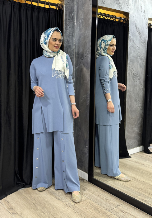 Miss Dalida Düğme Aksesuarlı Bol Paça Triko Pantolon BLUE - 4