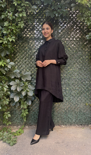 Miss Dalida Düz Renk Bol Paça Keten Pantolon BLACK - 2