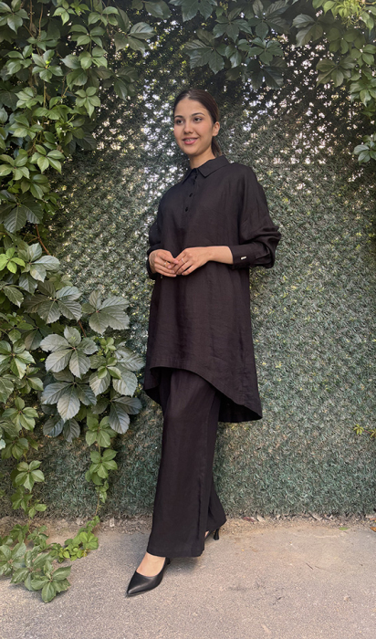 Miss Dalida Düz Renk Bol Paça Keten Pantolon BLACK - 2