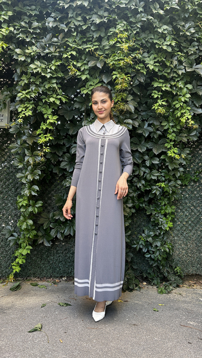 Miss Dalida Poplin Gömlek Yaka Detaylı Triko Elbise ANTRASİT - 1