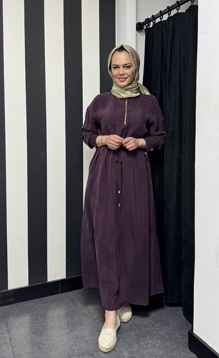 Miss Dalida Yakası Fermuarlı Beli Büzgülü Cupra Elbise Oubergine - 3