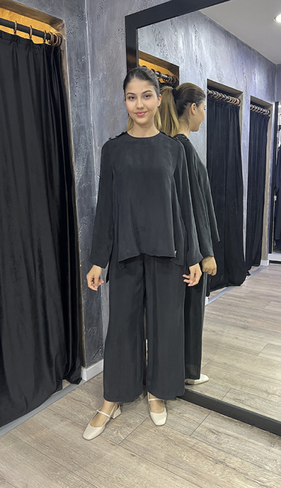 Miss Dalida Yuvarlak Yaka Düğme Detaylı Cupra Tunik BLACK - 3